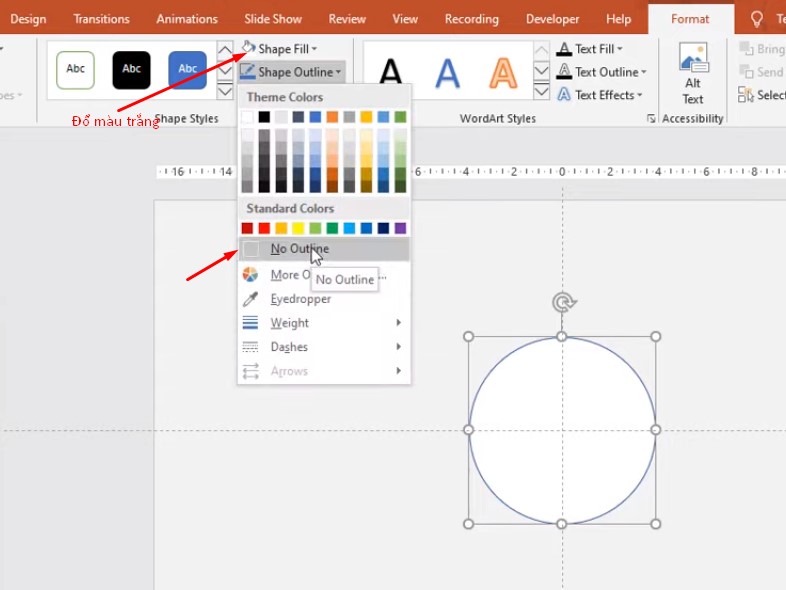 Chọn vào Format, chọn Shape Fill đổ màu trắng, trong phần Shape Outline thì bạn chọn No Outline