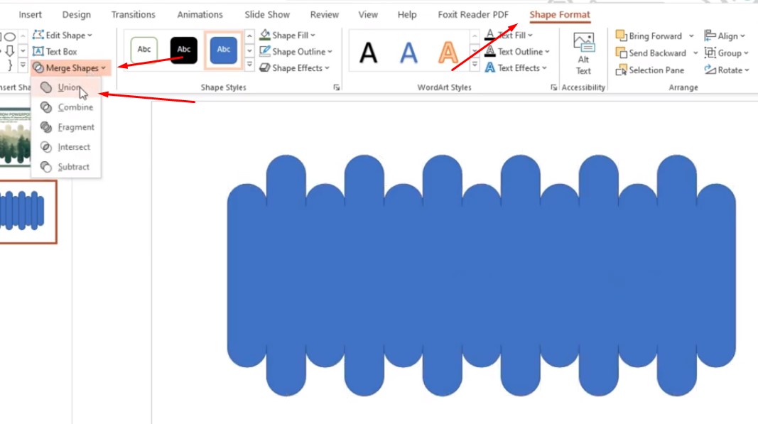 Chọn Shape Format và chọn Merge Shapes trỏ xuống chọn Union.
