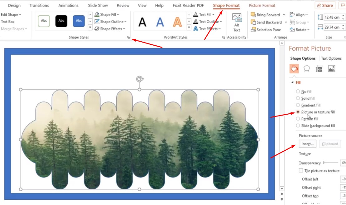 Chọn Shape Format và chọn vào hình vuông nhỏ như dưới, và chọn Picture or texture fill, Bạn chọn Insert để chọn ảnh.