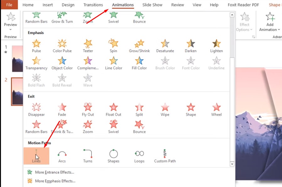 Chọn hiệu ứng Lines trong phần Motion paths
