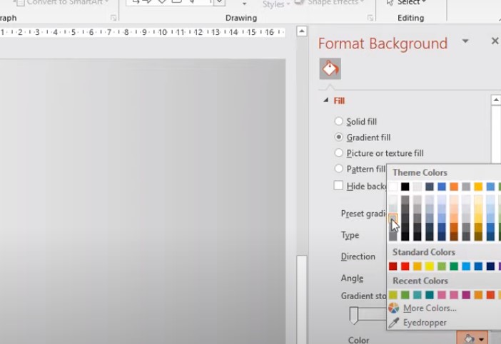 Chọn Gradient Fill, trong phần Gradient Stops, nút đầu tiên.