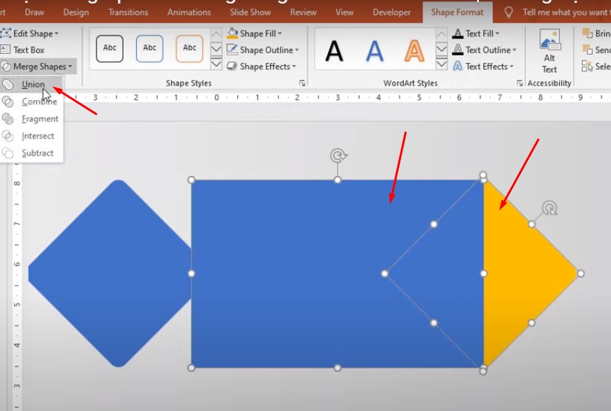 Khi vẽ xong vào Shape Format chọn Merge Shapes, chọn Union