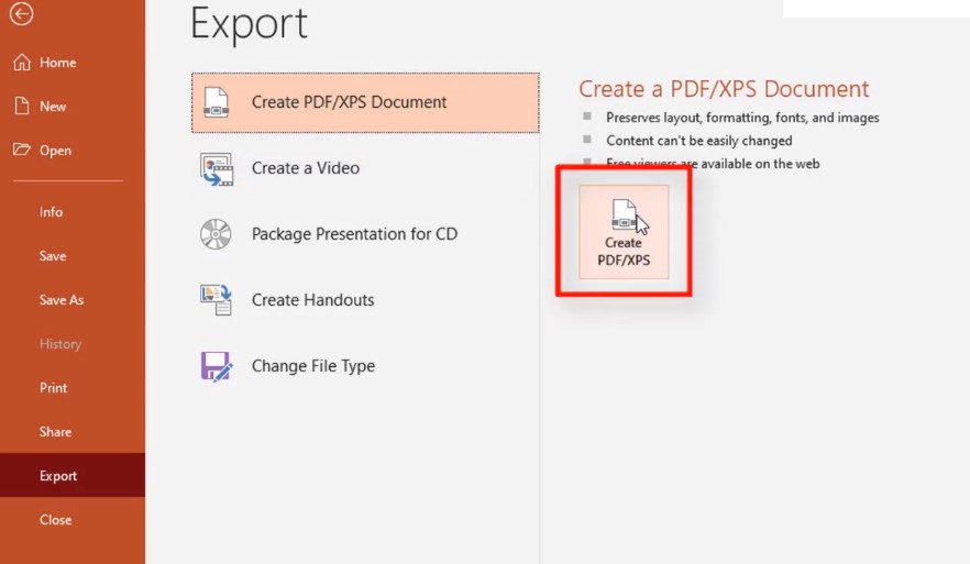 Vào File chọn Export, và chọn Create  PDF/XPS Document 