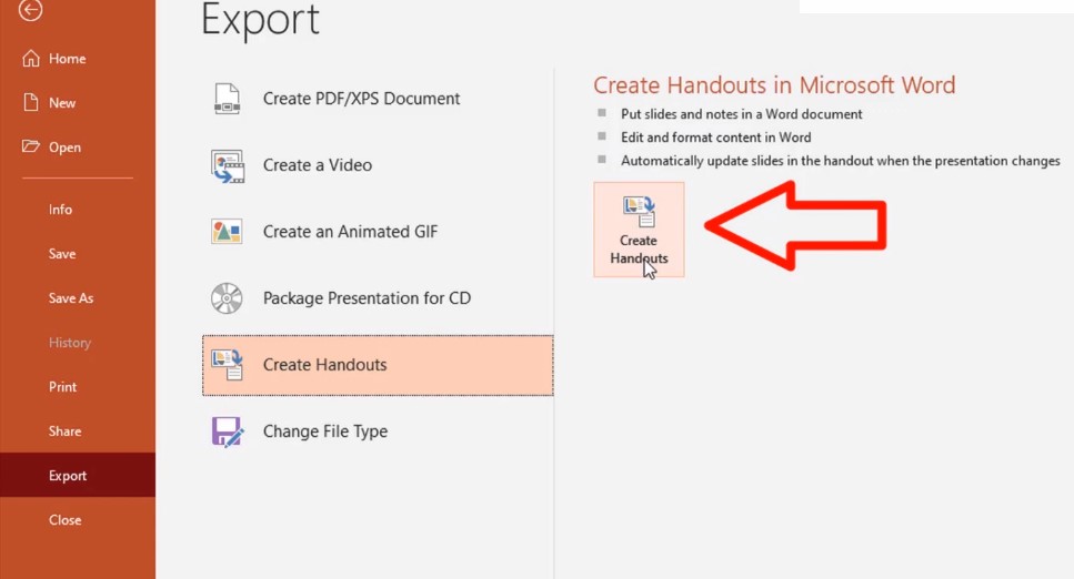 Chọn File sau đó chọn Export và Click vào Create Handouts và tiếp tục chọn Create Handouts.