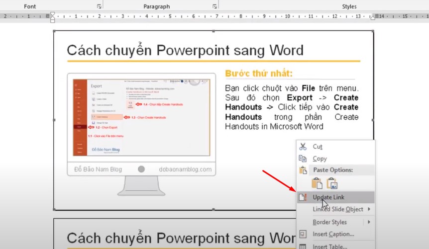 Khi sang Word bấm vào phần bạn chỉnh sửa và click chuột phải chọn Update Link.