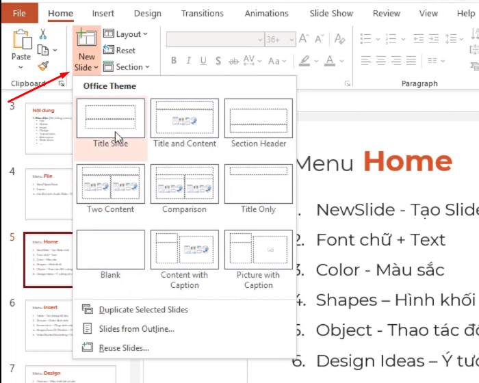 New Slide để Tạo Slide mới