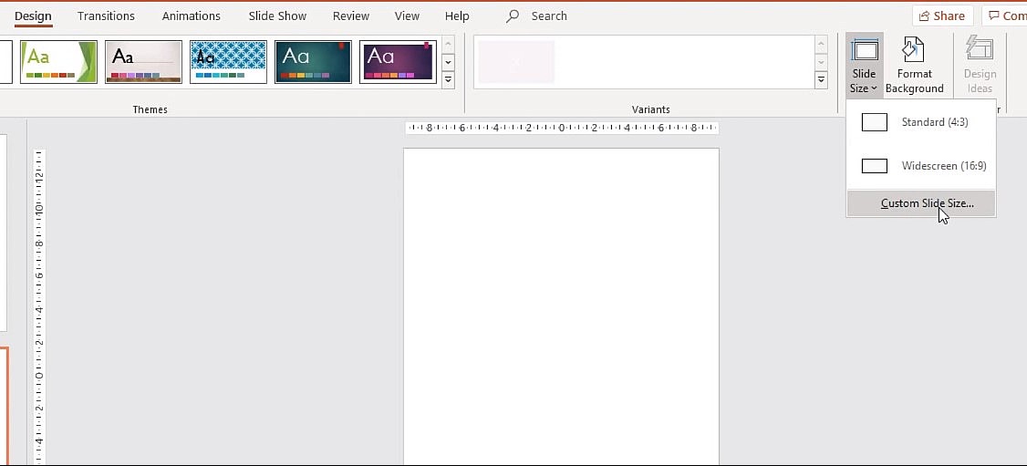 Bằng cách chọn Design chọn Slide Size chọn Custom Slide Size. 