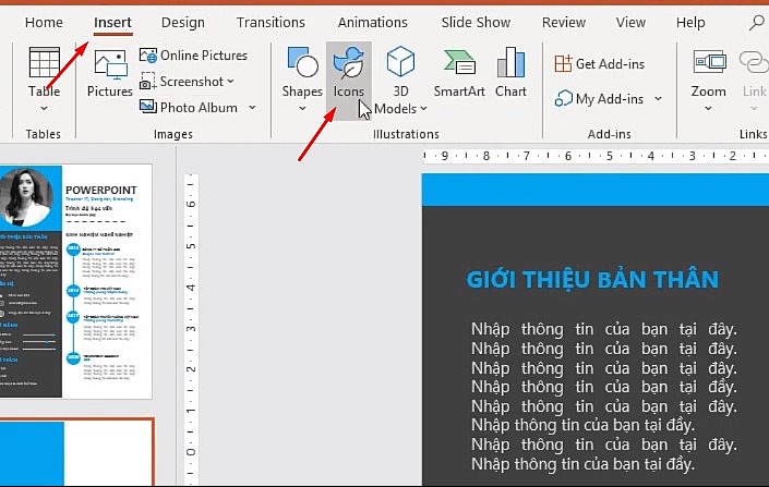 Vào phần Insert chọn Icons.