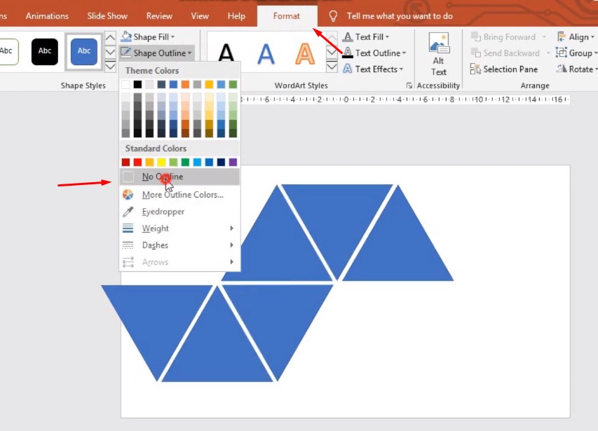 Chọn Format chọn Shape Outline và chọn No Outline.