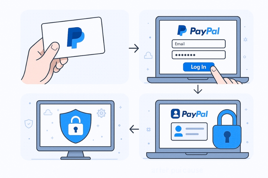  prompt: Step-by-step illustration of receiving a PayPal account after purchase, secure login process, digital security theme6. Lưu ý khi sử dụng để tránh bị limit