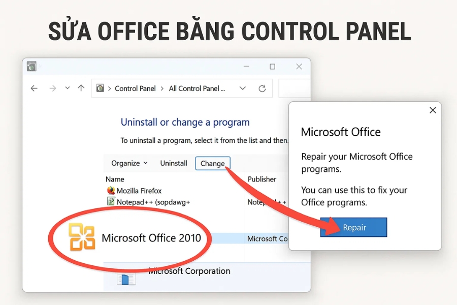 Cách thực hiện sửa Office bằng Control Panel Office 2010 – đơn giản mà hiệu quả