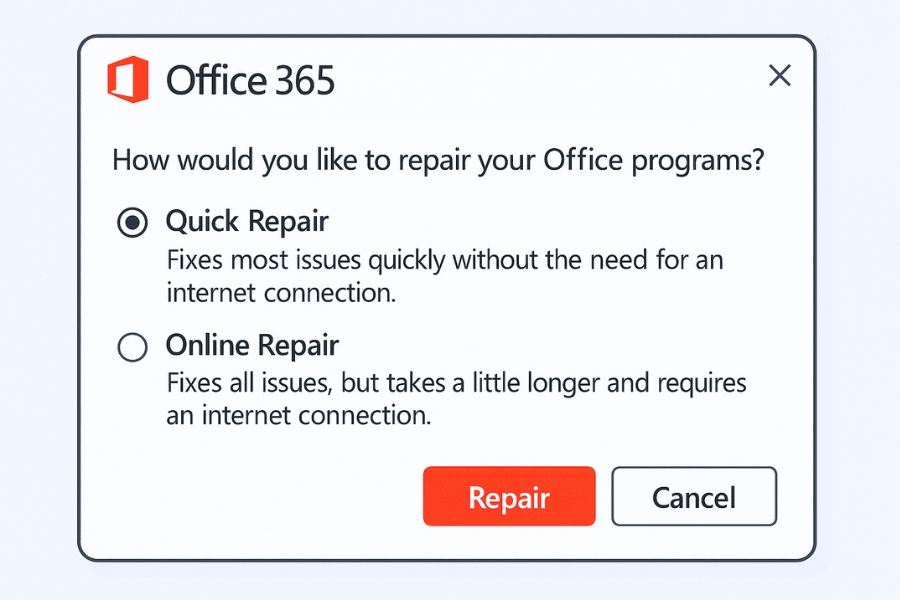 Hướng dẫn sửa Office bằng Control Panel Office 365