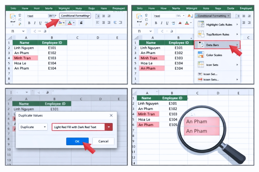 Cách thực hiện Conditional Formatting tìm trùng lặp Excel 2021