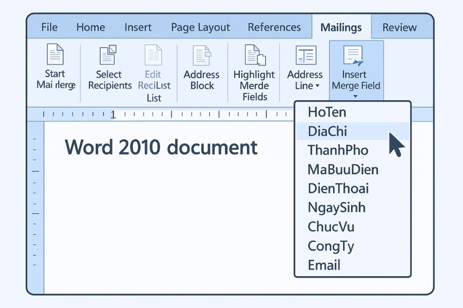 Cách thực hiện Mail Merge từ Excel sang Word 2010