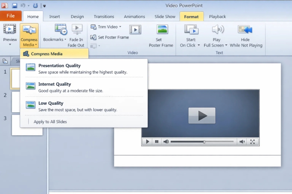 Cách nén video và tối ưu dung lượng PowerPoint 2010 10 Cách nén video và tối ưu dung lượng PowerPoint 2010 10