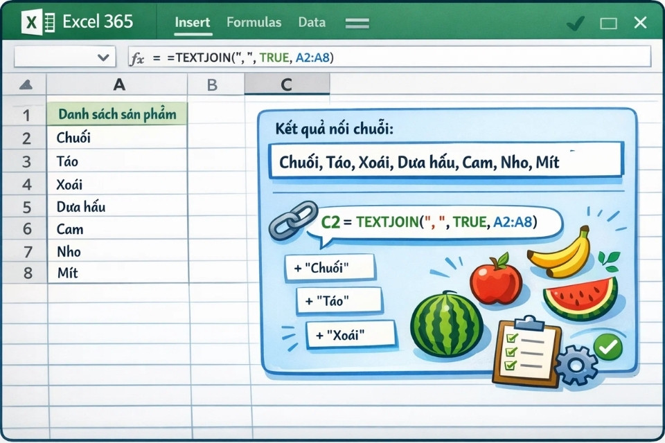 Cách sử dụng TEXTJOIN nối chuỗi trong Excel 365 6