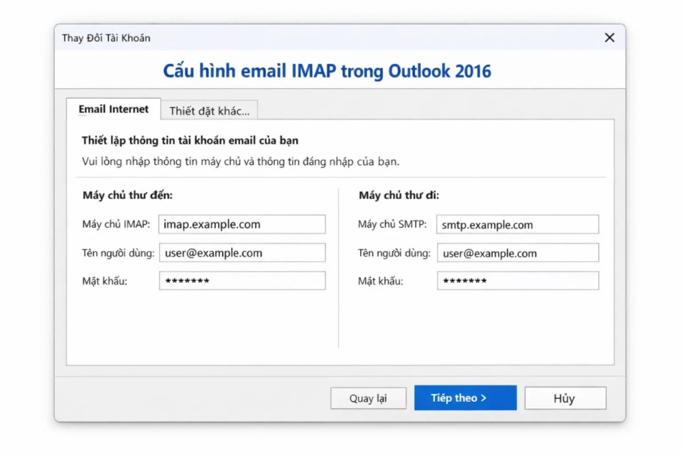 Cách thực hiện thêm tài khoản IMAP/POP3 Outlook 2016 14 Cách thực hiện thêm tài khoản IMAP/POP3 Outlook 2016 14