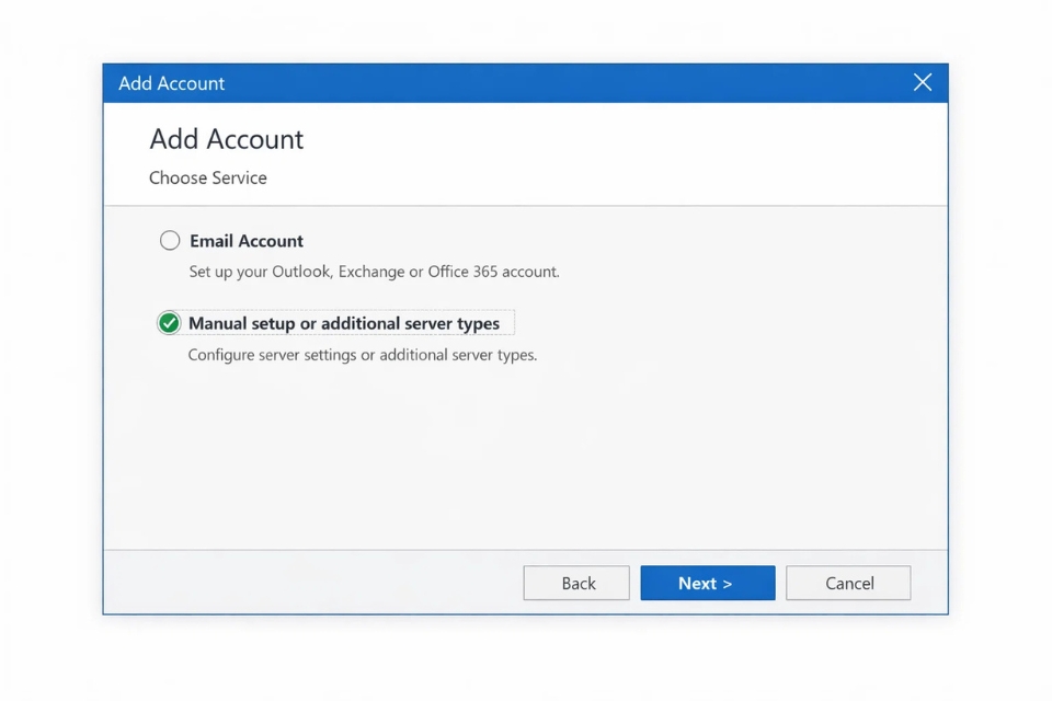 Cách thực hiện thêm tài khoản IMAP/POP3 Outlook 2019 4 Cách thực hiện thêm tài khoản IMAP/POP3 Outlook 2019 4
