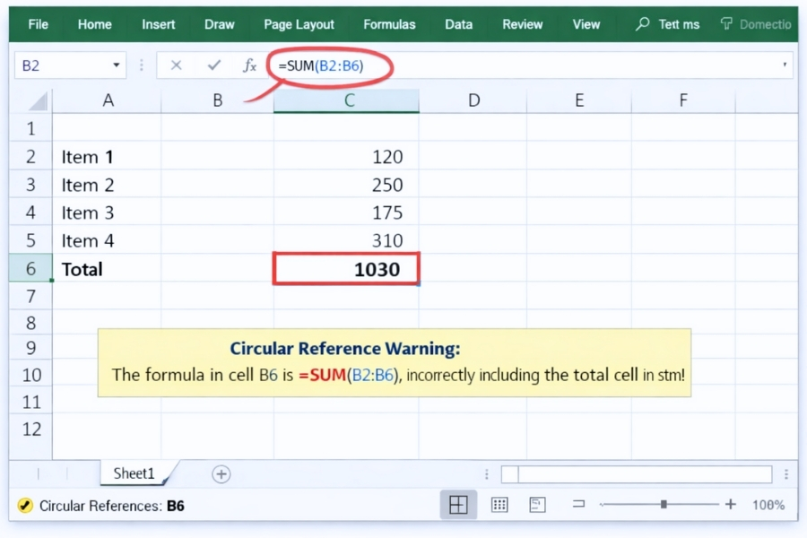Lỗi cảnh báo Circular Reference trong Excel 2019