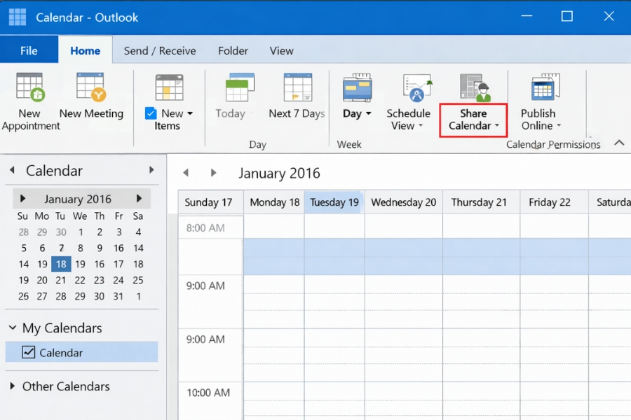 Cách Thực Hiện Chia Sẻ Lịch (Shared Calendar) Outlook 2016