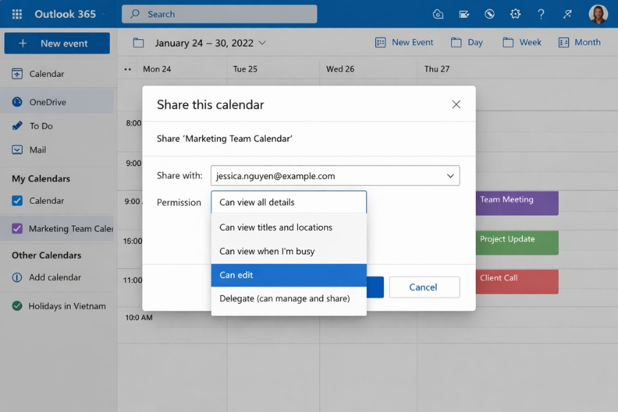 Cách Thực Hiện Chia Sẻ Lịch (Shared Calendar) Outlook 365