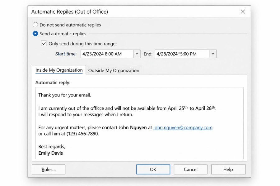 Cách thiết lập tự động trả lời (Out of Office) trong Outlook 2016