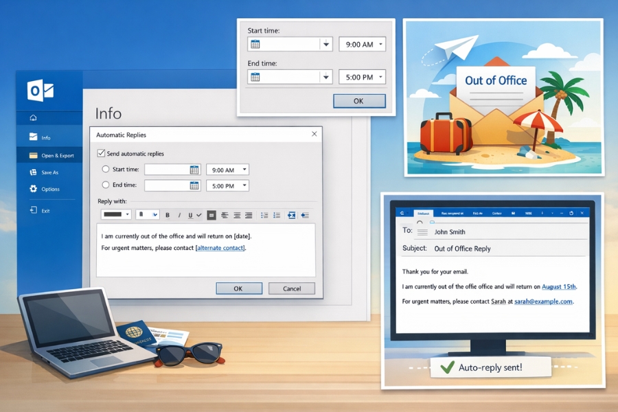Cách thiết lập tự động trả lời (Out of Office) trong Outlook 2016