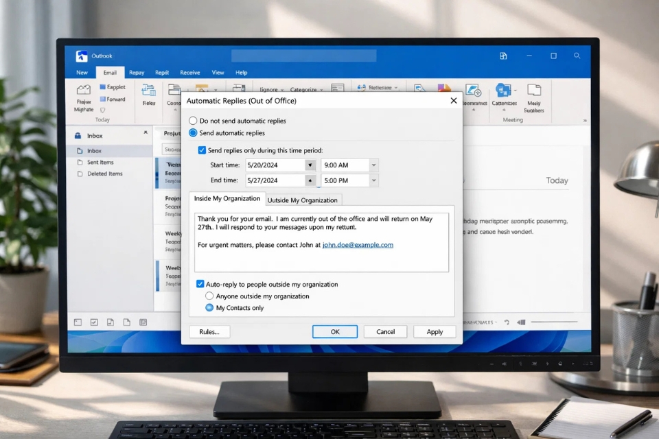 Cách thực hiện tự động trả lời (Out of Office) Outlook 365 8