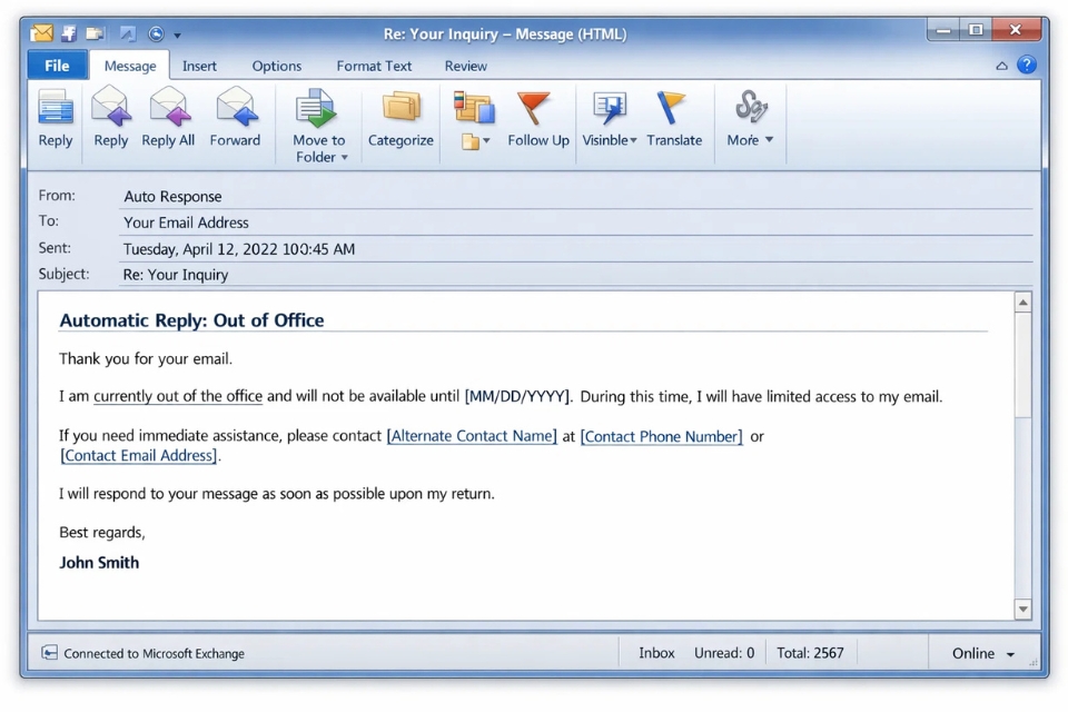 Cách thực hiện tự động trả lời (Out of Office) Outlook 2010 11