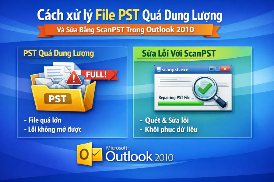 Cách xử lý file PST quá dung lượng và sửa bằng ScanPST trong Outlook 2010