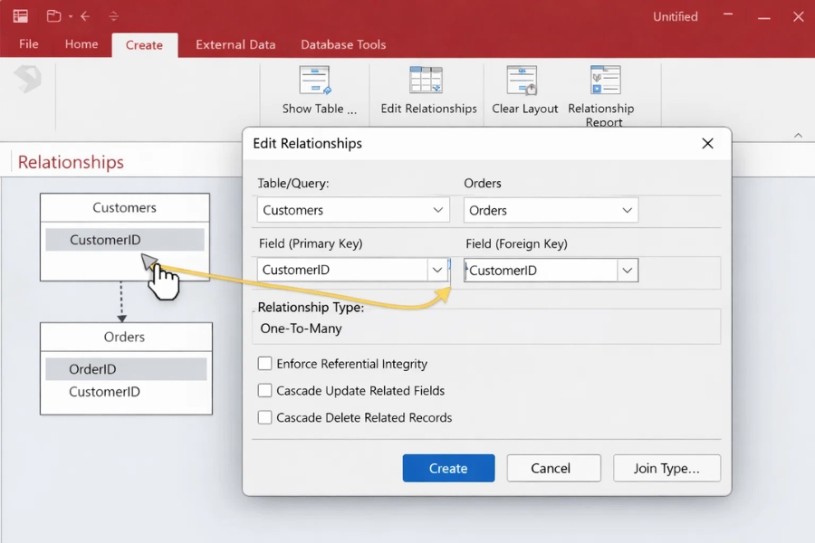 Hướng dẫn tạo mối quan hệ (Relationships) trong Access 365 – Cách liên kết dữ liệu đúng chuẩn, dễ hiểu 8 Hướng dẫn tạo mối quan hệ (Relationships) trong Access 365 – Cách liên kết dữ liệu đúng chuẩn, dễ hiểu 8
