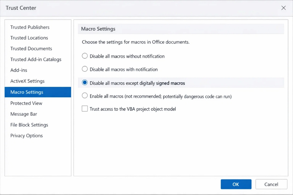 Cách bật Macro & Trusted Locations Office 365 8