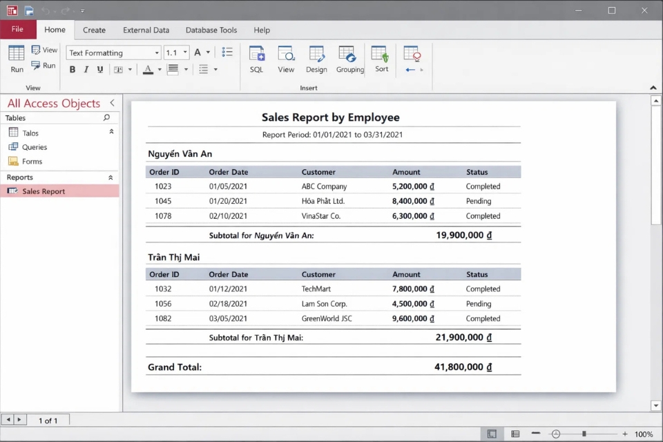 Cách thực hiện Report nhóm & tổng Access 2016 1