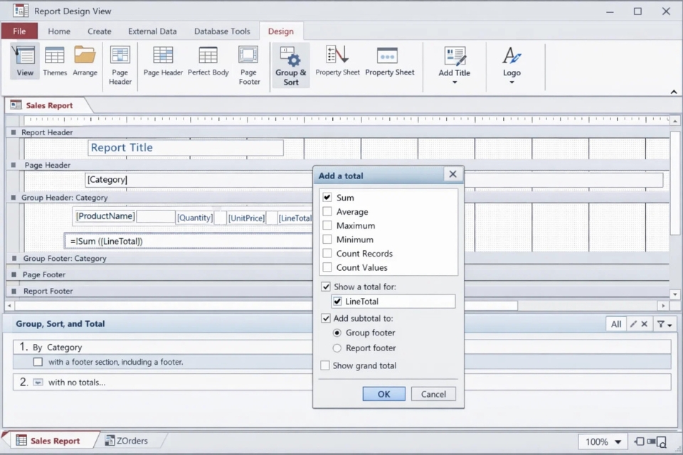 Cách thực hiện Report nhóm & tổng Access 2016 5
