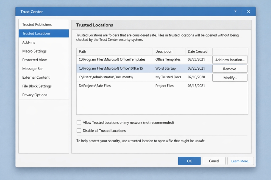 Cách bật Macro & Trusted Locations trong Office 2021