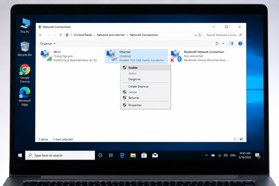 Sửa lỗi Ethernet không nhận Windows 10 8