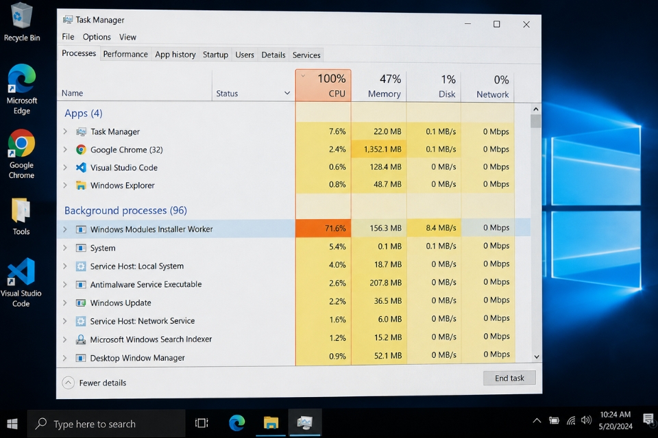 Sửa lỗi CPU 100% Windows 10 7