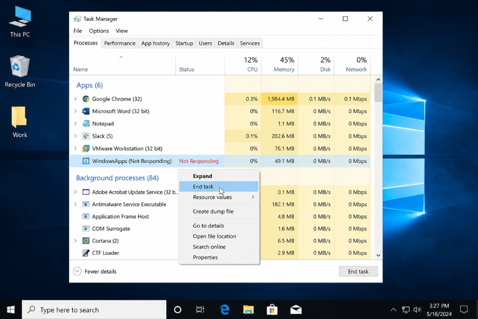 Sửa lỗi ứng dụng not responding Windows 10 7