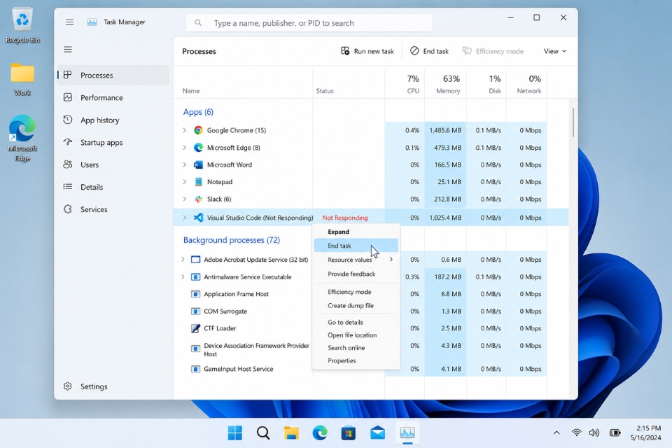 Sửa lỗi ứng dụng not responding Windows 11 7
