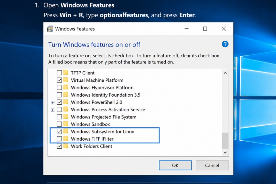 Sửa lỗi wslregisterdistribution failed 0x8007019e Windows 10 7