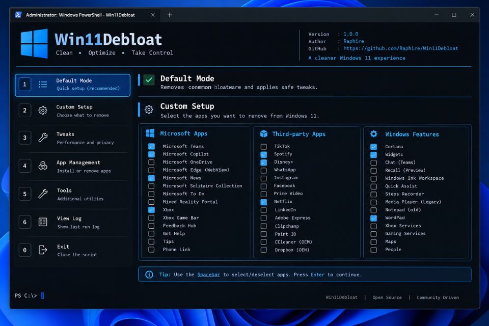 Debloat Windows 11 bằng script GitHub mới nhất 10