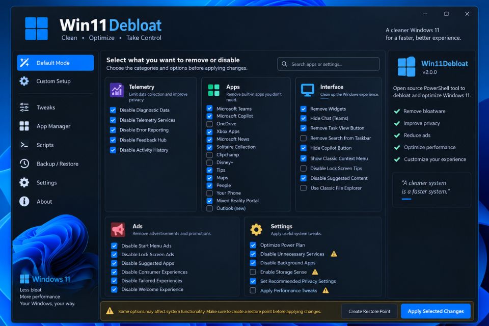 Debloat Windows 11 bằng script GitHub mới nhất 11