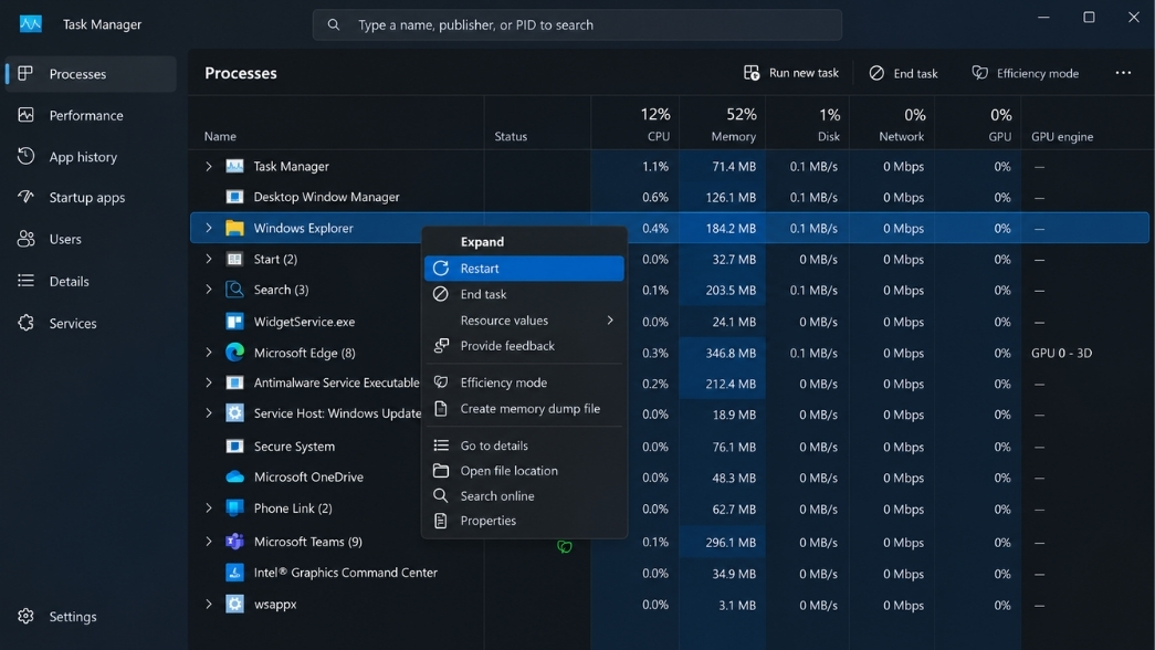 Khắc Phục Lỗi nút start menu win 11 bấm không lên