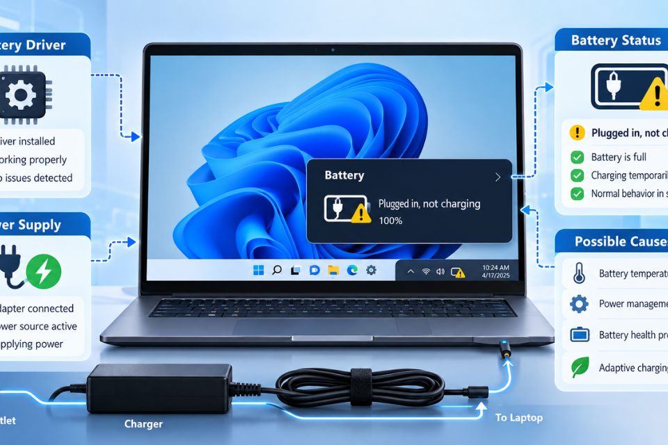 Sửa lỗi pin laptop báo Plugged In Not Charging Windows 11 7