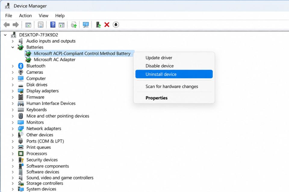 Sửa lỗi pin laptop báo Plugged In Not Charging Windows 11 10