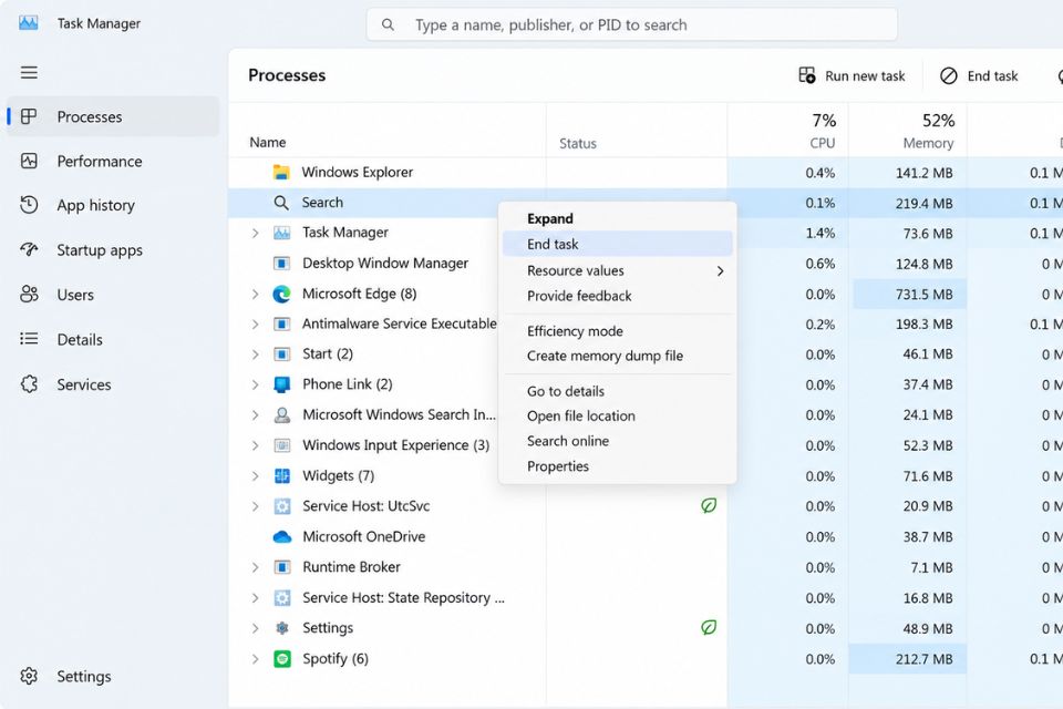 Thanh Search Windows 11 bị đơ lag không gõ được chữ 7